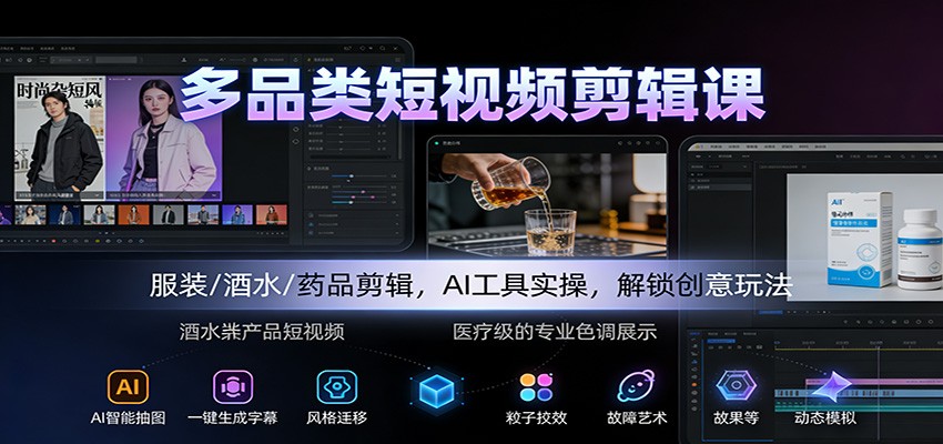 多品类短视频剪辑课：服装/酒水/药品剪辑，AI工具实操，解锁创意玩法|网坠金库