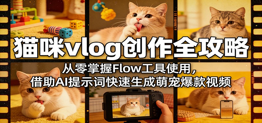 猫咪vlog创作全攻略：从零掌握Flow工具使用，借助AI提示词快速生成萌宠爆款视频|网坠金库