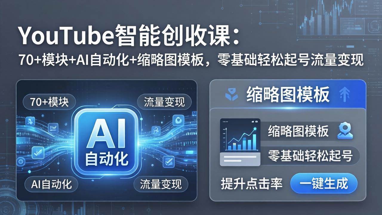 （17926期）YouTube智能创收课：70+模块+AI自动化+缩略图模板，零基础轻松起号流量变现|网坠金库