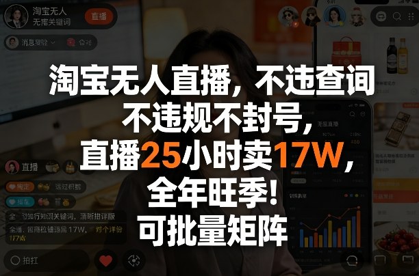 淘宝无人直播，不违规不封号，直播25小时卖17W，全年旺季！可批量矩阵【揭秘】|网坠金库