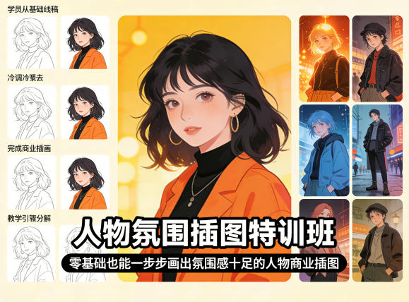 人物氛围插图特训班，零基础也能一步步画出氛围感十足的人物商业插图|网坠金库