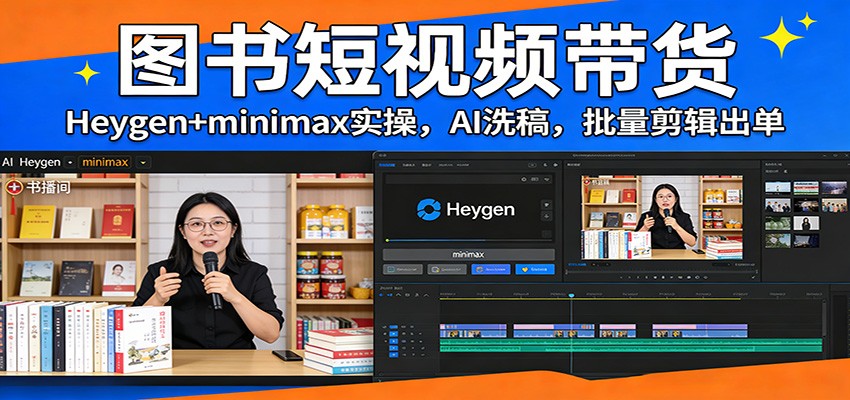 图书短视频带货：Heygen+minimax实操，AI洗稿 ，批量剪辑出单|网坠金库