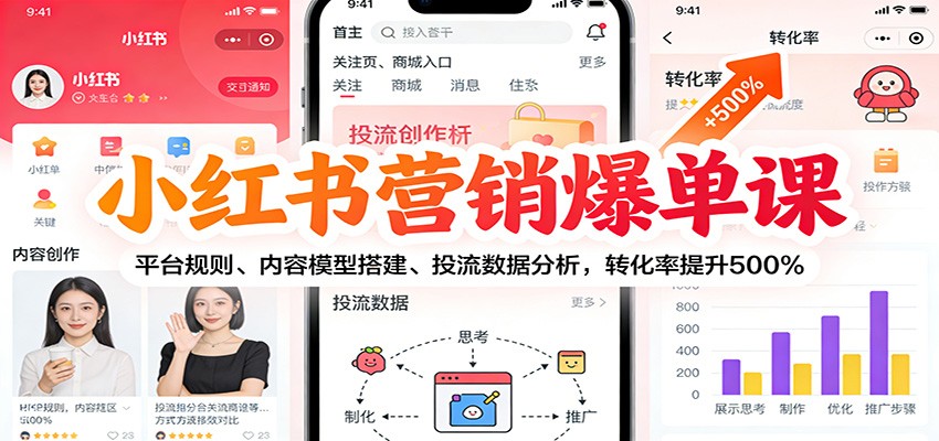 小红书营销爆单课：平台规则、内容模型搭建、投流数据分析，转化率提升500%|网坠金库