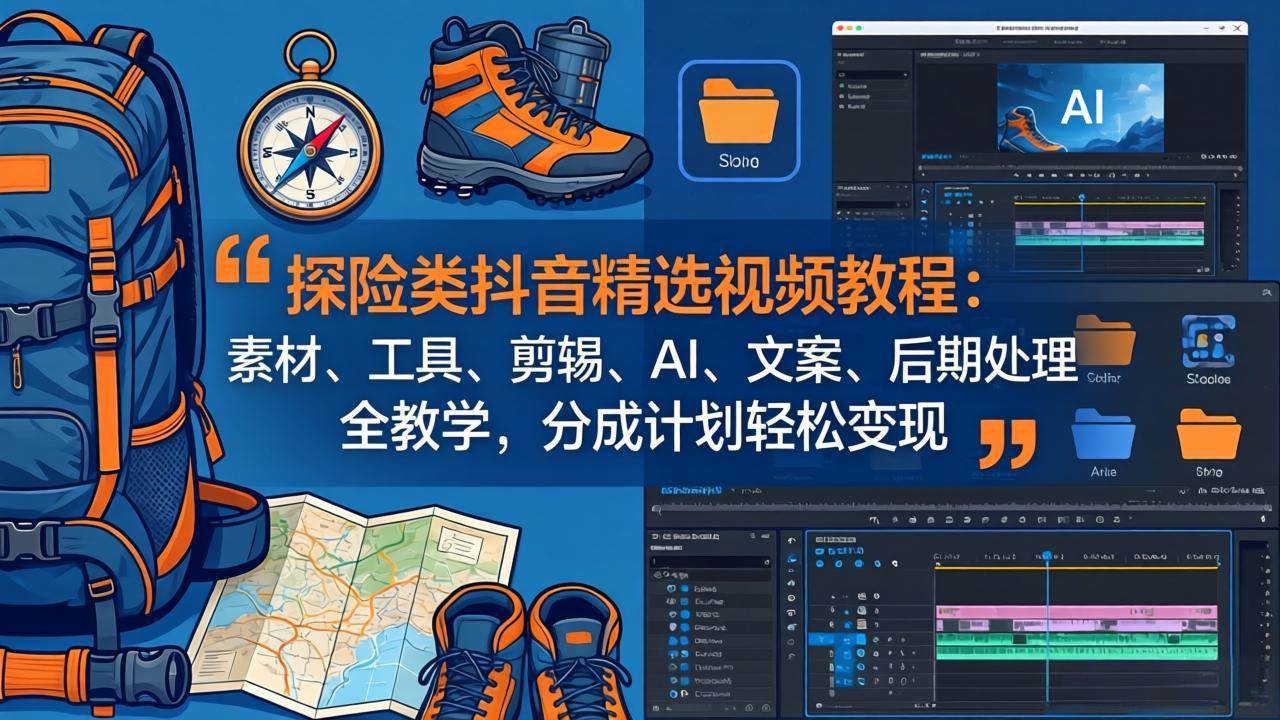 （17994期）探险类抖音精选视频教程：素材、工具、剪辑、AI、文案、后期处理全教学，分成计划轻松变现|网坠金库