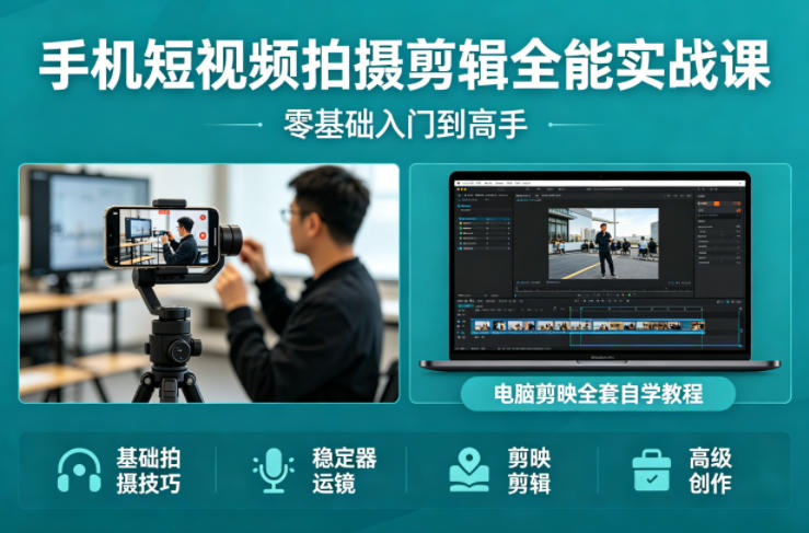 手机短视频拍摄剪辑全能实战课：零基础入门到高手，稳定器运镜+电脑剪映全套自学教程|网坠金库