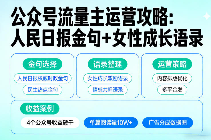 利用人民日报金句+女性成长语录做公众号流量主，4个公众号收益破千|网坠金库