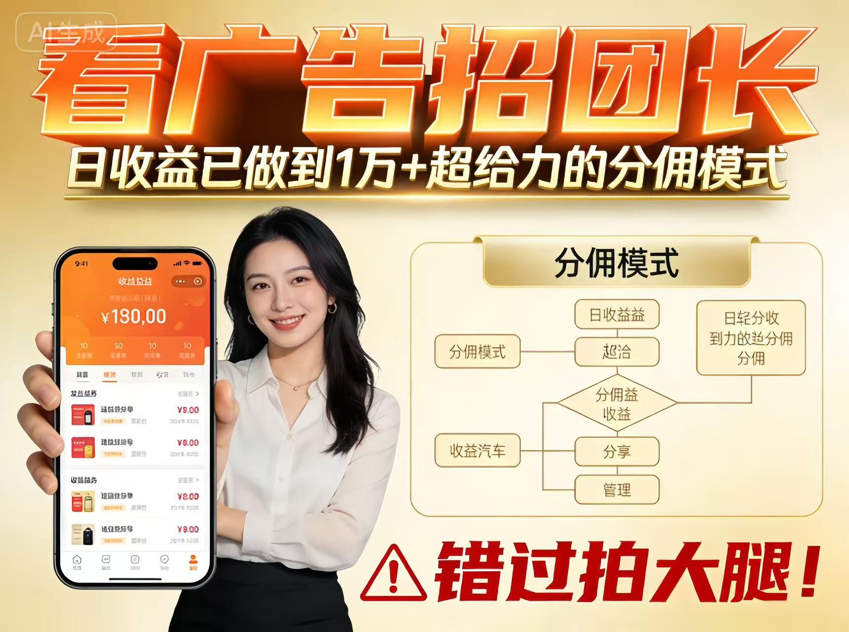 看广告招团长，团队收益已做到日入1万，分佣模式超给力，错过拍大腿|网坠金库