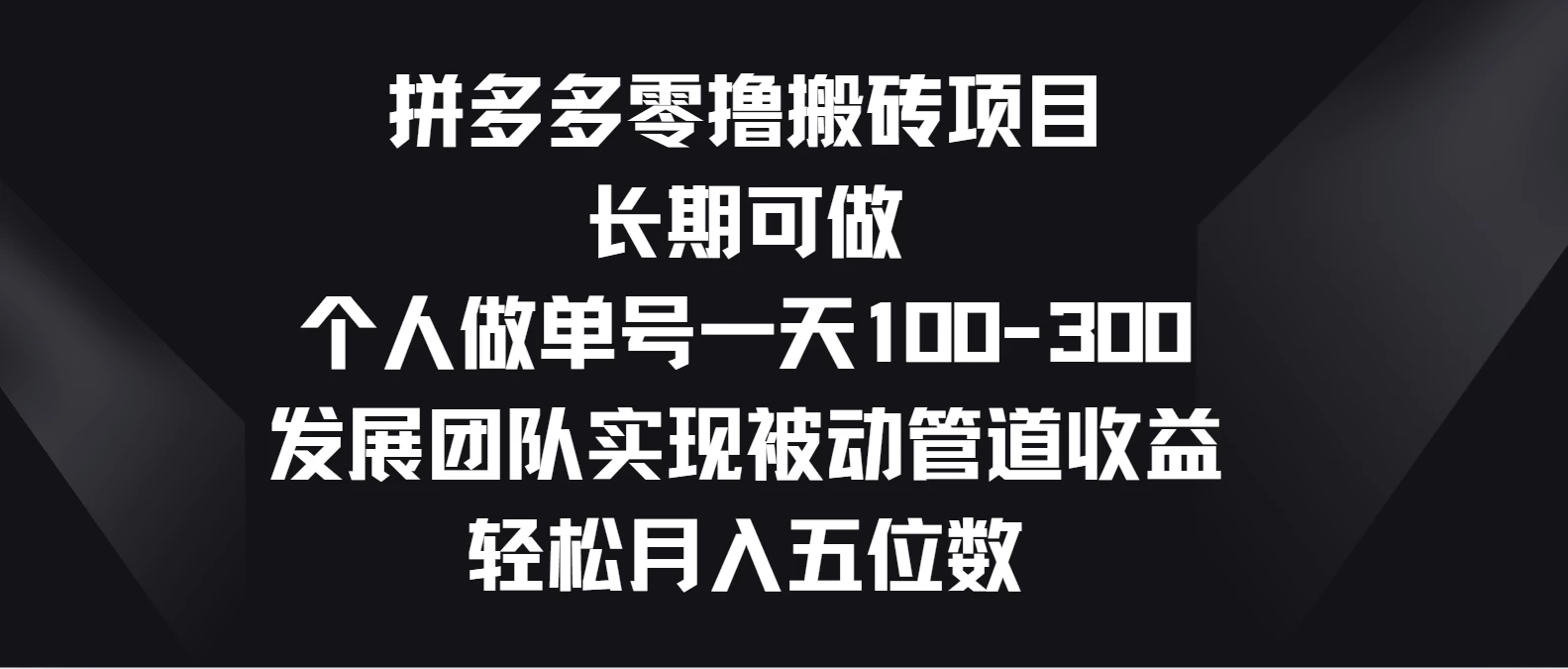 拼多多零撸搬砖项目，长期可做，个人做单号一天100-300，发展团队实现被动管道收益，轻松月入五位数 - 网赚金库|网赚金库