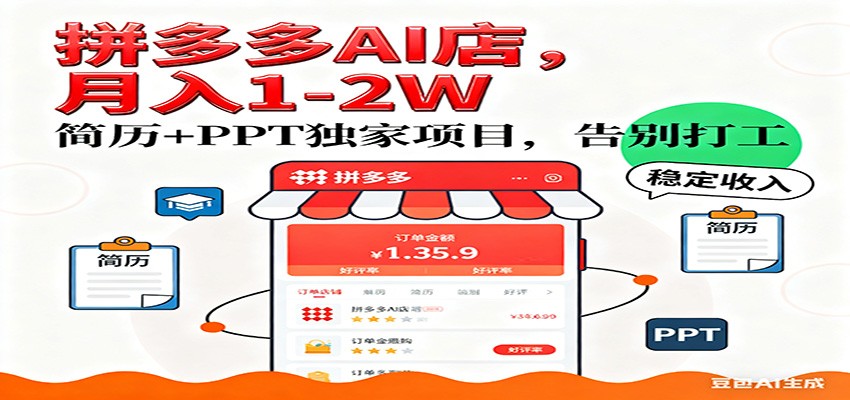 【独家】拼多多虚拟店，AI简历+PPT，单店月稳定1-2W，未来AI服务风口项目！|网坠金库