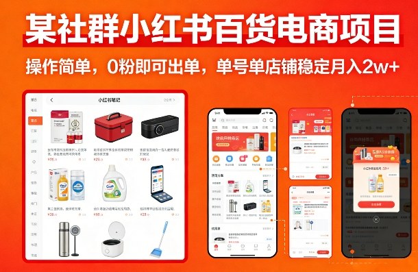 某社群小红书百货电商项目，操作简单，0粉即可出单，单号单店铺稳定月入2w+|网坠金库