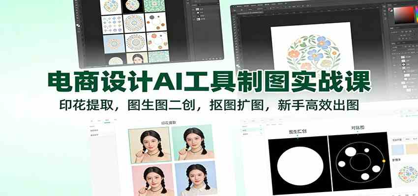 电商设计AI工具制图实战课：印花提取，图生图二创，抠图扩图，新手高效出图|网坠金库
