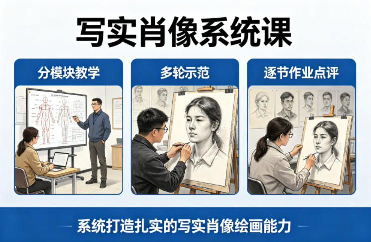 写实肖像系统课，全程分模块教学+多轮示范+逐节作业点评，系统打造扎实的写实肖像绘画能力|网坠金库