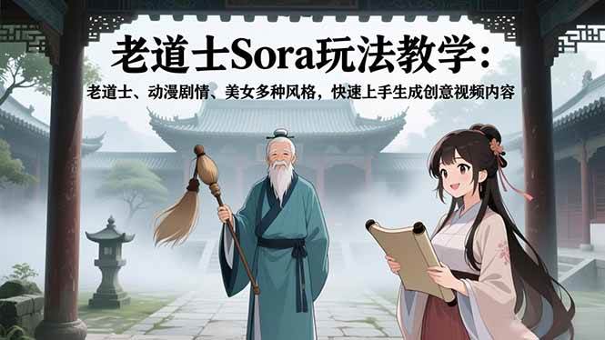 （16862期）老道士Sora玩法教学：老道士、动漫剧情、美女多种风格，快速上手生成创意视频内容|网坠金库