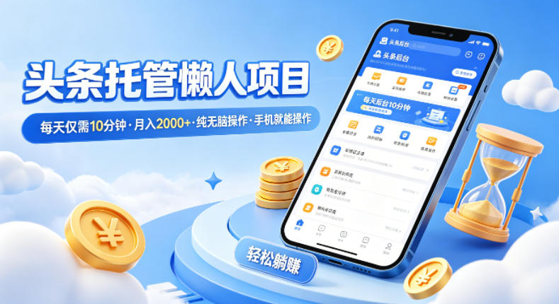 头条托管懒人项目，每天仅需10分钟，月入2000+，纯无脑操作，手机就能操作【揭秘】|网坠金库