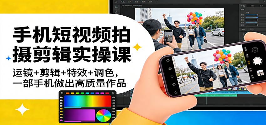 手机短视频拍摄剪辑实操课：运镜+剪辑+特效+调色，一部手机做出高质量作品|网坠金库